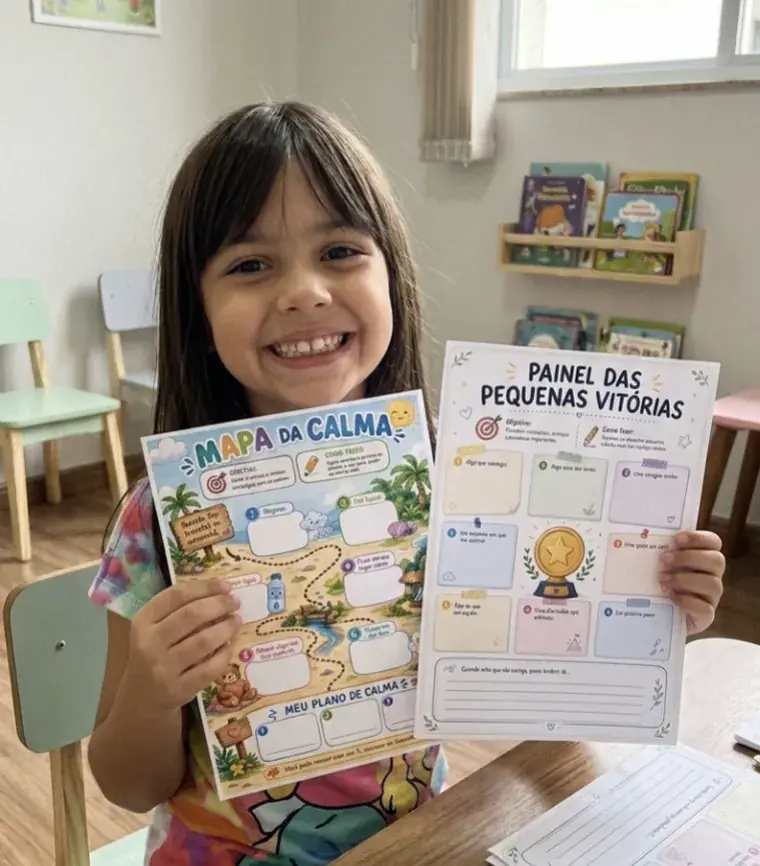 Criança mostrando atividades terapêuticas impressas