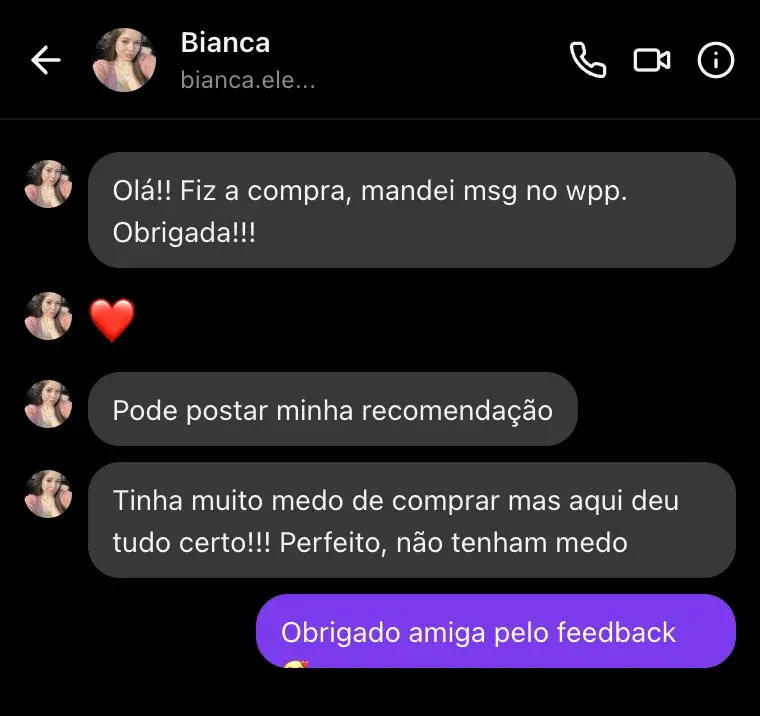 Mensagem confirmando o recebimento da compra