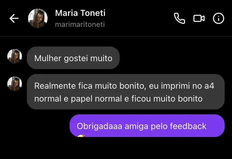 Mensagem elogiando a impressão do material