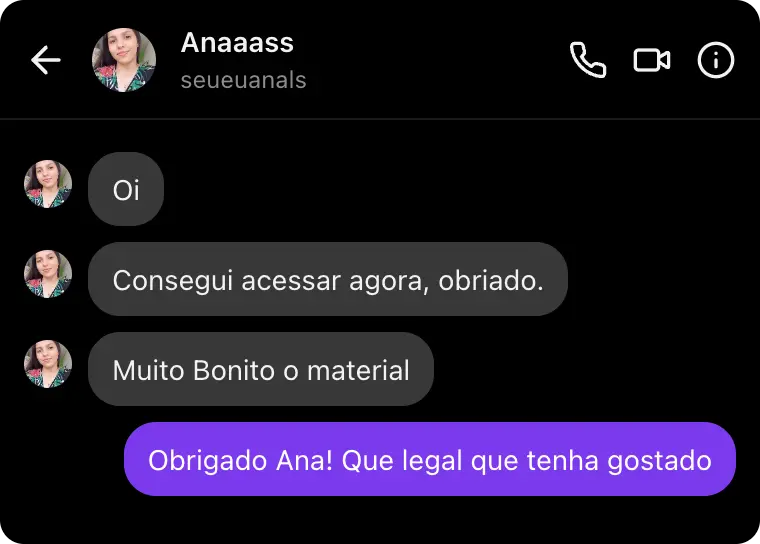 Mensagem de Ana dizendo que conseguiu acessar e achou o material bonito