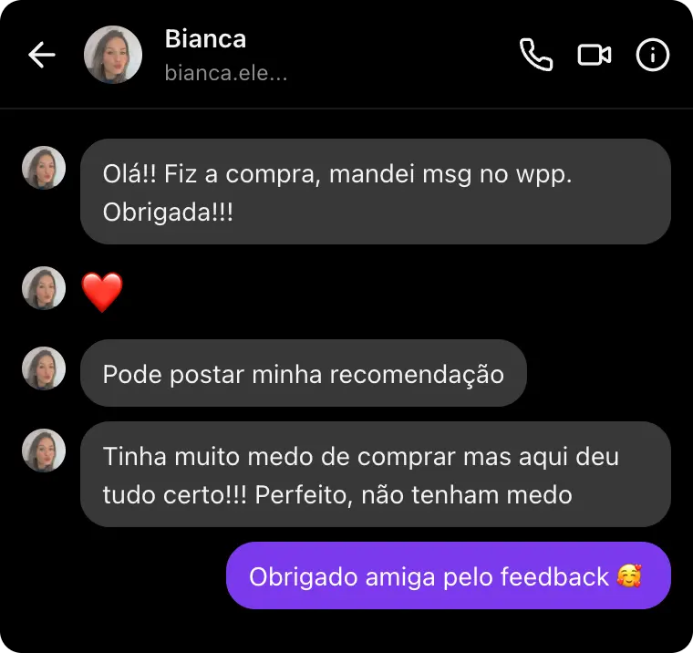 Mensagem de Bianca recomendando a compra do material