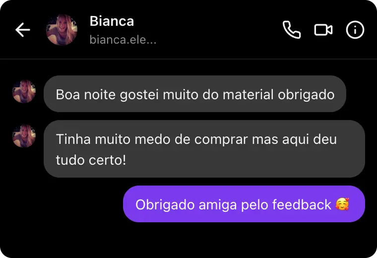 Mensagem de Bianca dizendo que gostou muito do material