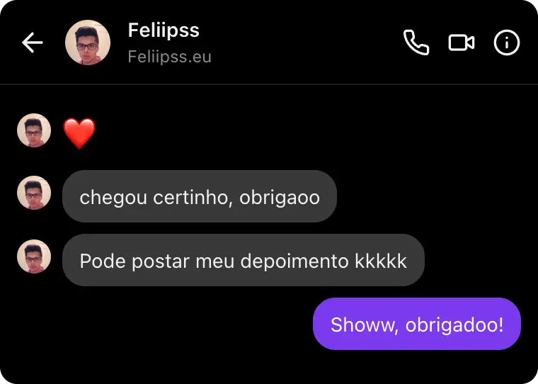 Mensagem de Felipss confirmando que recebeu o material